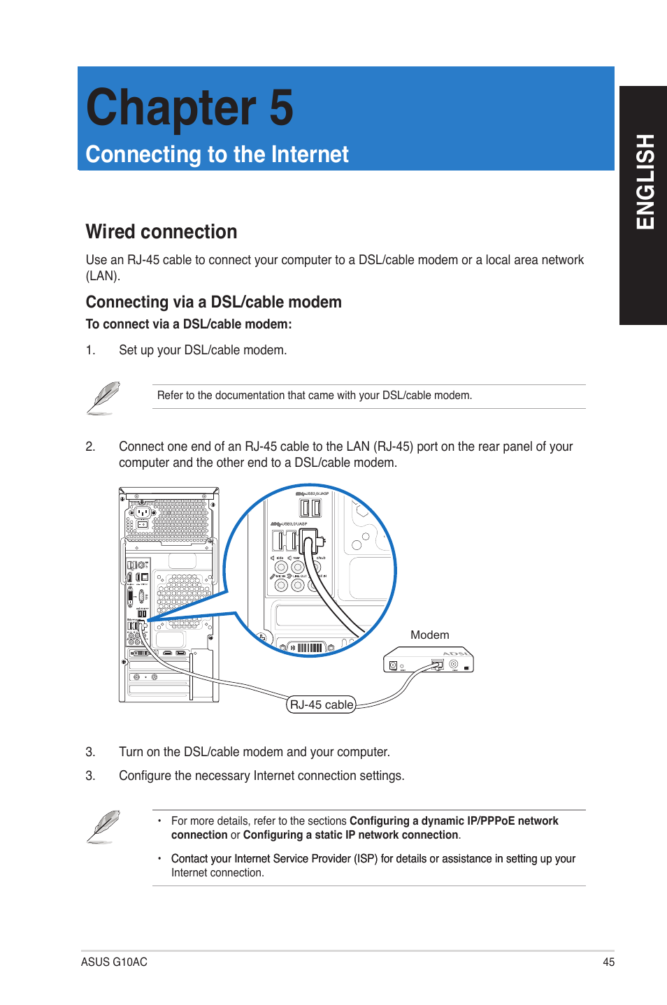 Chapter 5: connecting to the internet, Wired connection, Connecting to the internet | Chapter 5, En gl is h en gl is h | Asus G10AC User Manual | Page 45 / 72