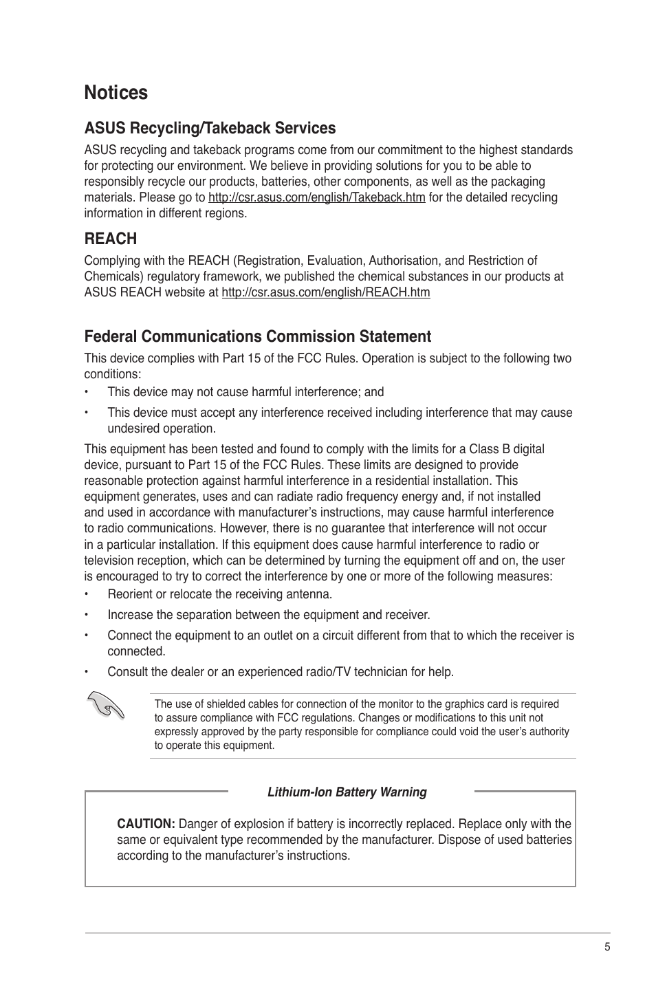 Notices, Asus recycling/takeback services, Reach | Federal communications commission statement | Asus G10AC User Manual | Page 5 / 72