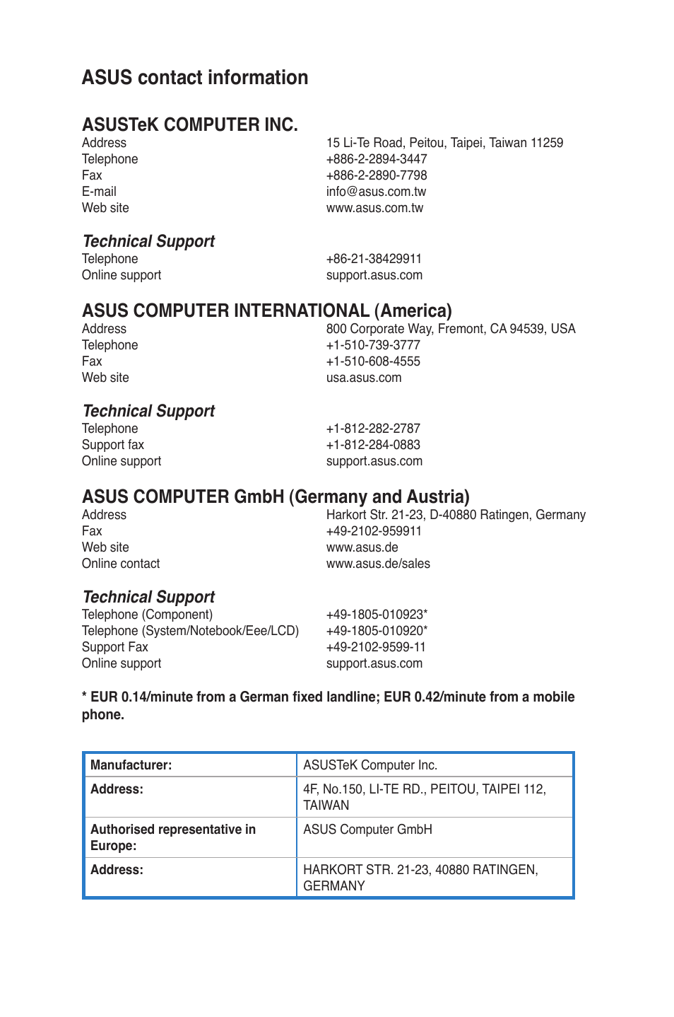 Asus contact information, Asustek computer inc, Asus computer international (america) | Asus computer gmbh (germany and austria), Technical support | Asus G10AC User Manual | Page 72 / 72