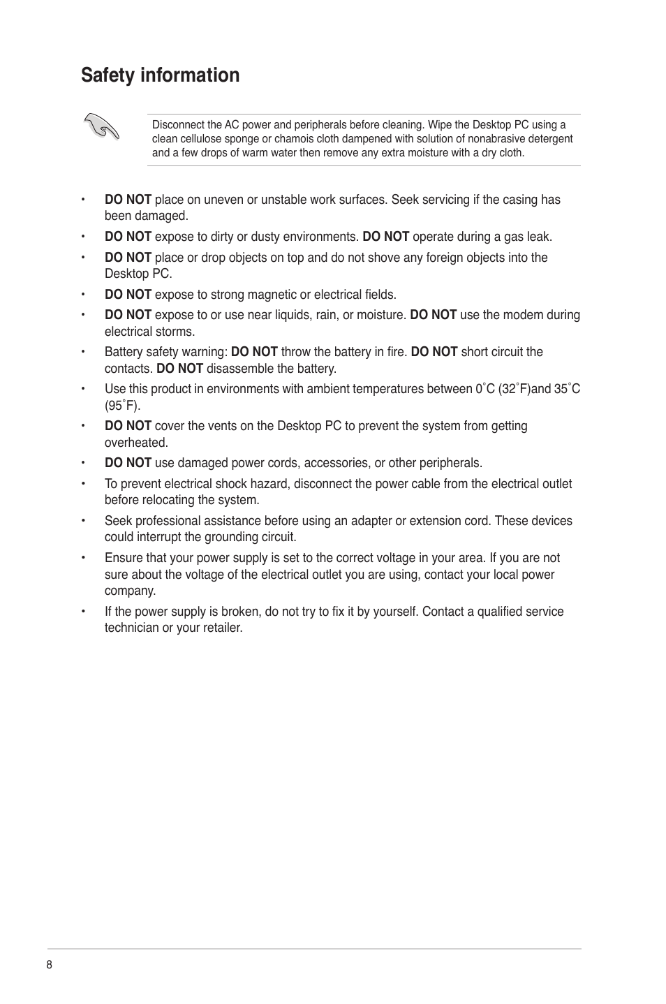 Safety information | Asus G10AC User Manual | Page 8 / 72