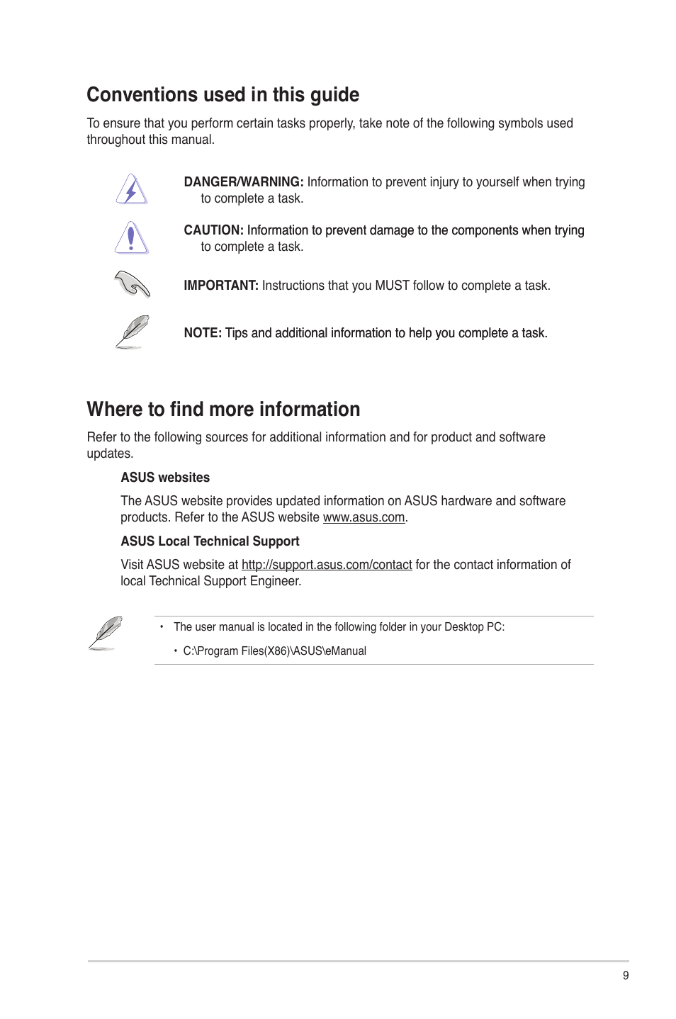 Conventions used in this guide, Where to find more information | Asus G10AC User Manual | Page 9 / 72