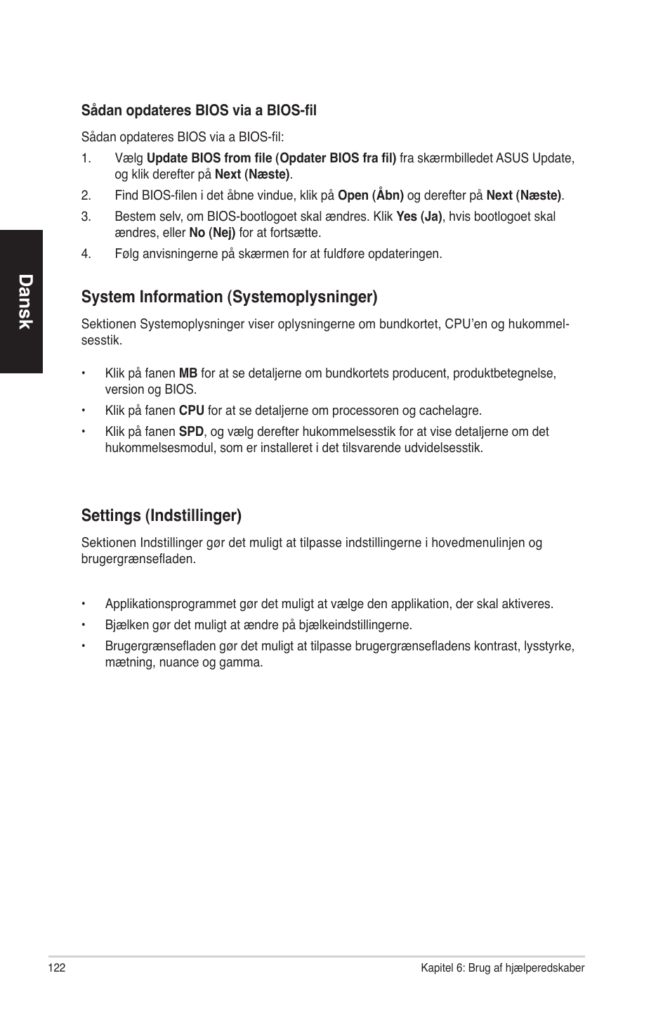 Dansk, System information (systemoplysninger), Settings (indstillinger) | Asus CM1630 User Manual | Page 122 / 340