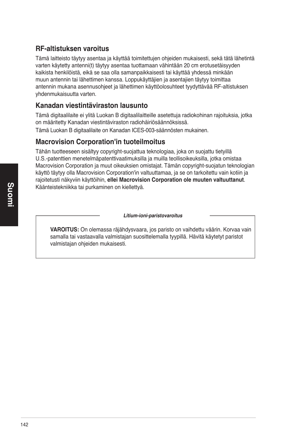 Suomi, Rf-altistuksen varoitus, Kanadan viestintäviraston lausunto | Macrovision corporation'in tuoteilmoitus | Asus CM1630 User Manual | Page 142 / 340