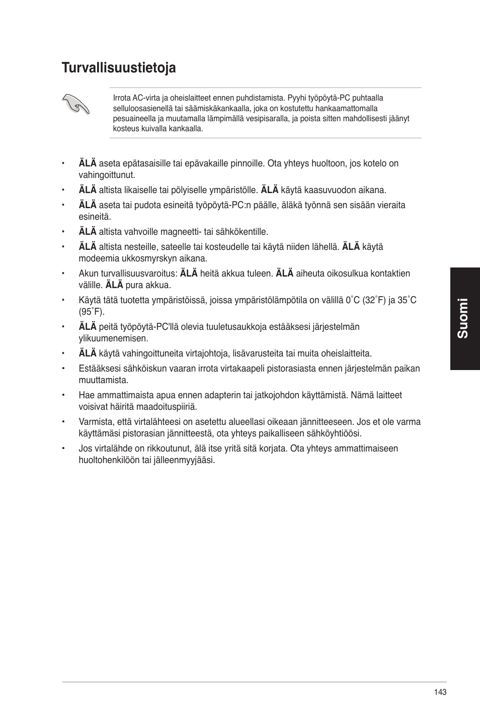 Turvallisuustietoja, Suomi | Asus CM1630 User Manual | Page 143 / 340