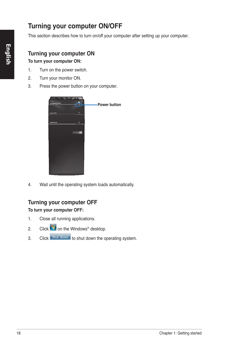 Turning your computer on/off, English, Turning your computer on | Turning your computer off | Asus CM1630 User Manual | Page 18 / 340