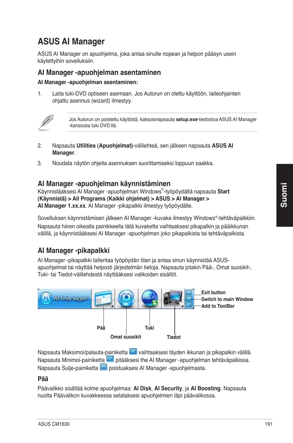 Asus ai manager, Suomi, Ai manager -apuohjelman asentaminen | Ai manager -apuohjelman käynnistäminen, Ai manager -pikapalkki | Asus CM1630 User Manual | Page 191 / 340