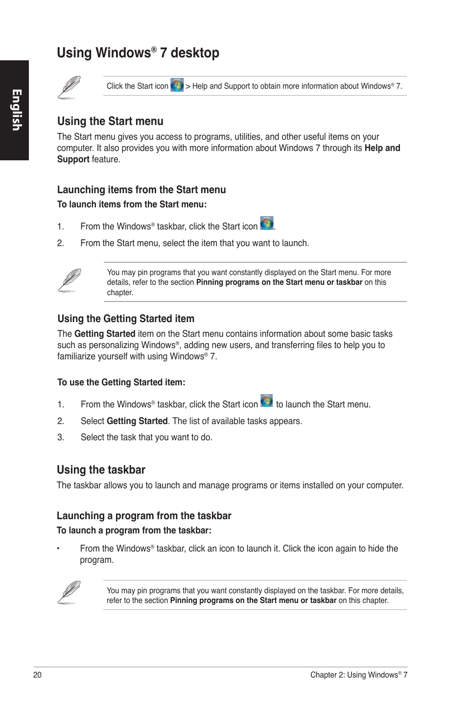 Using windows® 7 desktop, Using windows, 7 desktop | English, Using the start menu, Using the taskbar | Asus CM1630 User Manual | Page 20 / 340