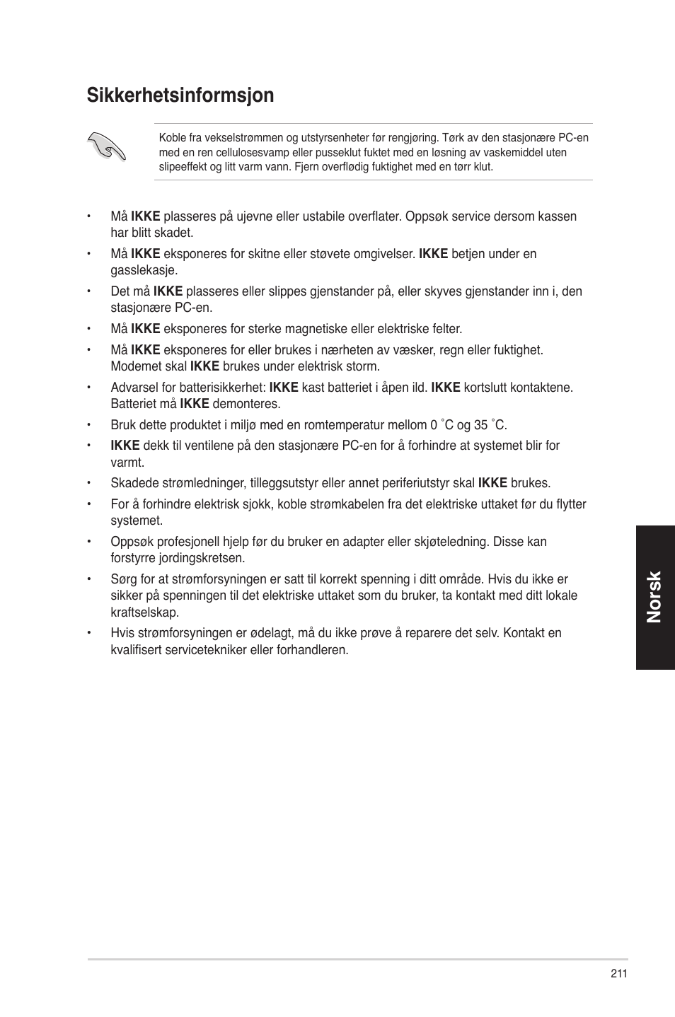 Sikkerhetsinformsjon, Sikke��hetsinfo��ms�on, No ��sk | Asus CM1630 User Manual | Page 211 / 340