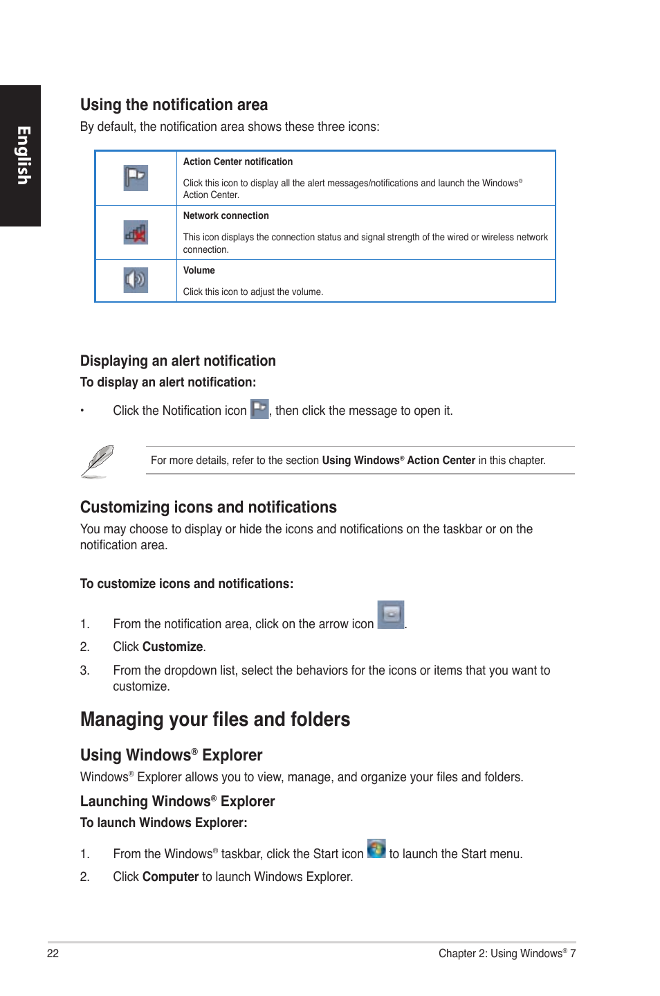 Managing your files and folders, English, Using the notification area | Customizing icons and notifications, Using windows, Explorer | Asus CM1630 User Manual | Page 22 / 340