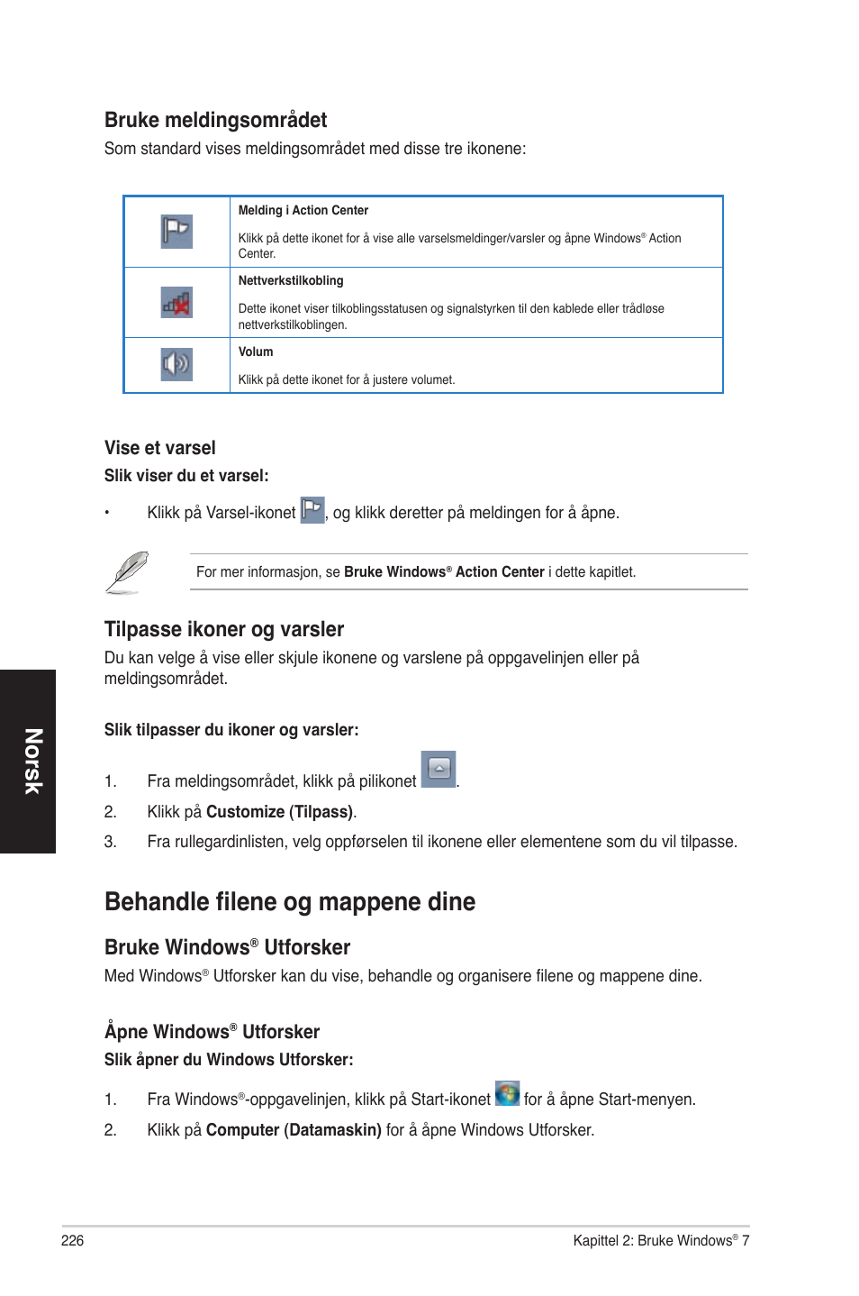 Behandle filene og mappene dine, Behandle filene og ma��ene dine, No ��sk | B��uke meldingsom��ådet, Tilp�sse ikone�� og v���sle, B��uke windows, Utfo��ske | Asus CM1630 User Manual | Page 226 / 340