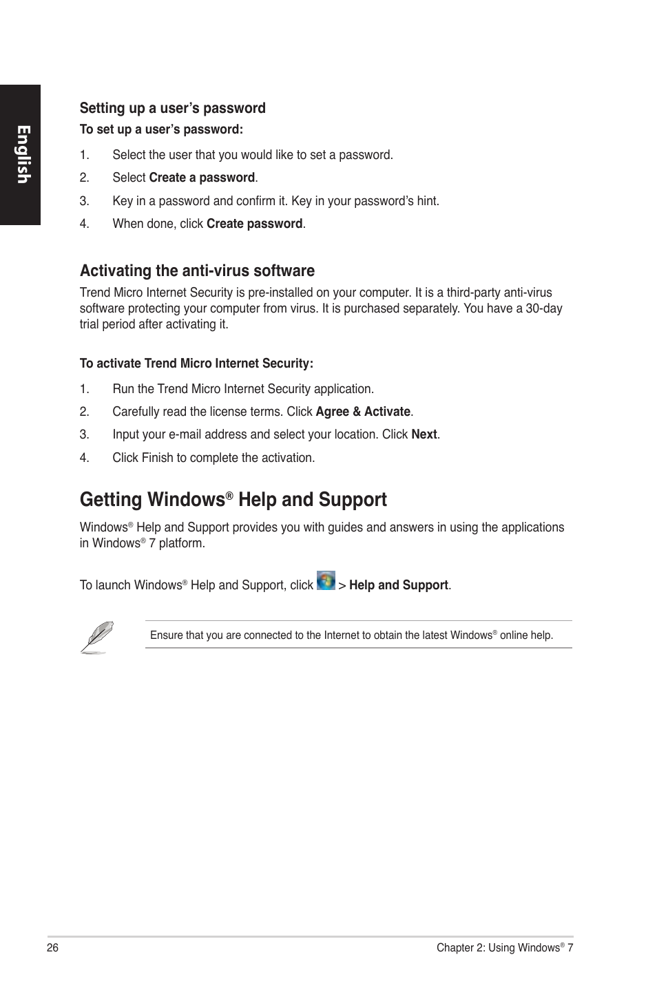 Getting windows® help and support, Getting windows, Help and support | English, Activating the anti-virus software | Asus CM1630 User Manual | Page 26 / 340