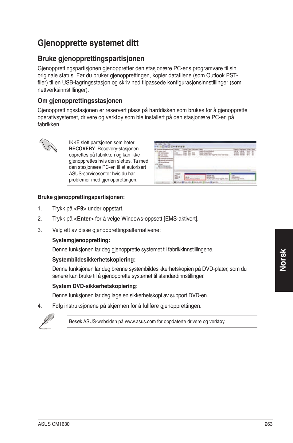 Gjenopprette systemet ditt, G�enopp��ette systemet ditt, No ��sk | B��uke g�enopp��ettingsp���tis�onen | Asus CM1630 User Manual | Page 263 / 340