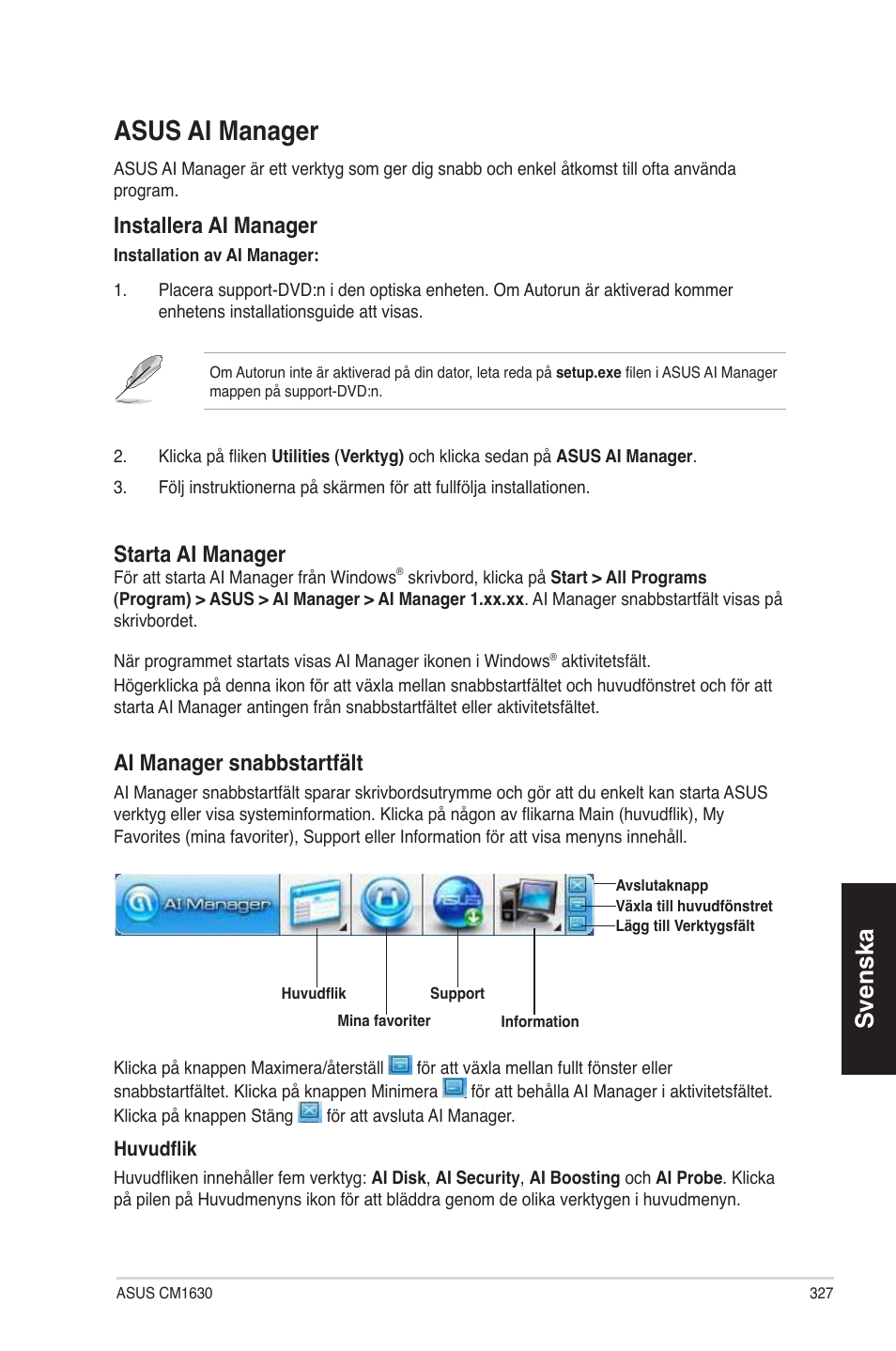 Asus ai manager, Svenska, Installera ai manager | Starta ai manager, Ai manager snabbstartfält | Asus CM1630 User Manual | Page 327 / 340