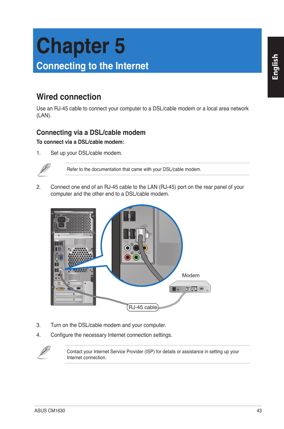 Chapter 5, Connecting to the internet, Wired connection | Chapter 5: connecting to the internet, English | Asus CM1630 User Manual | Page 43 / 340