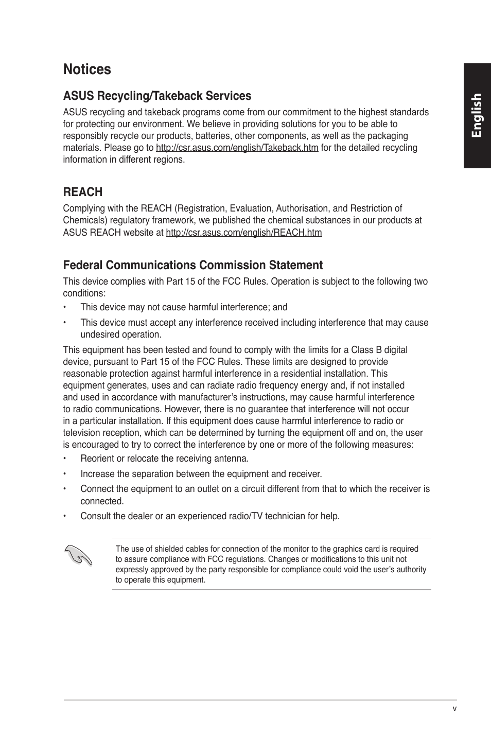 Notices, English, Asus recycling/takeback services | Reach, Federal communications commission statement | Asus CM1630 User Manual | Page 5 / 340