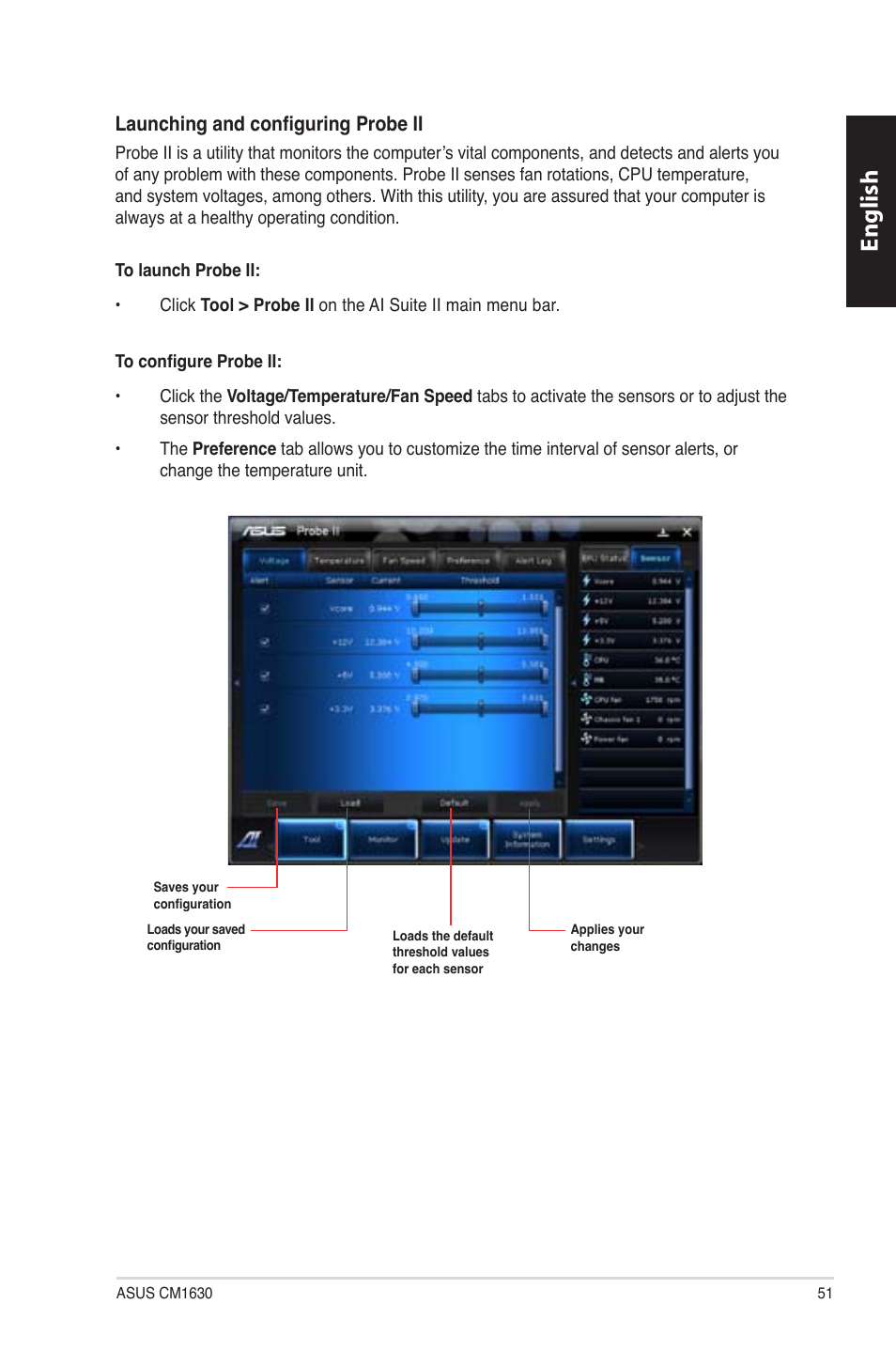 English, Launching and configuring probe ii | Asus CM1630 User Manual | Page 51 / 340