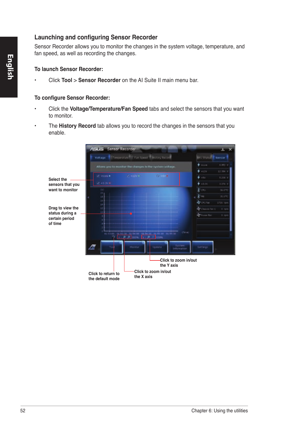 English, Launching and configuring sensor recorder | Asus CM1630 User Manual | Page 52 / 340