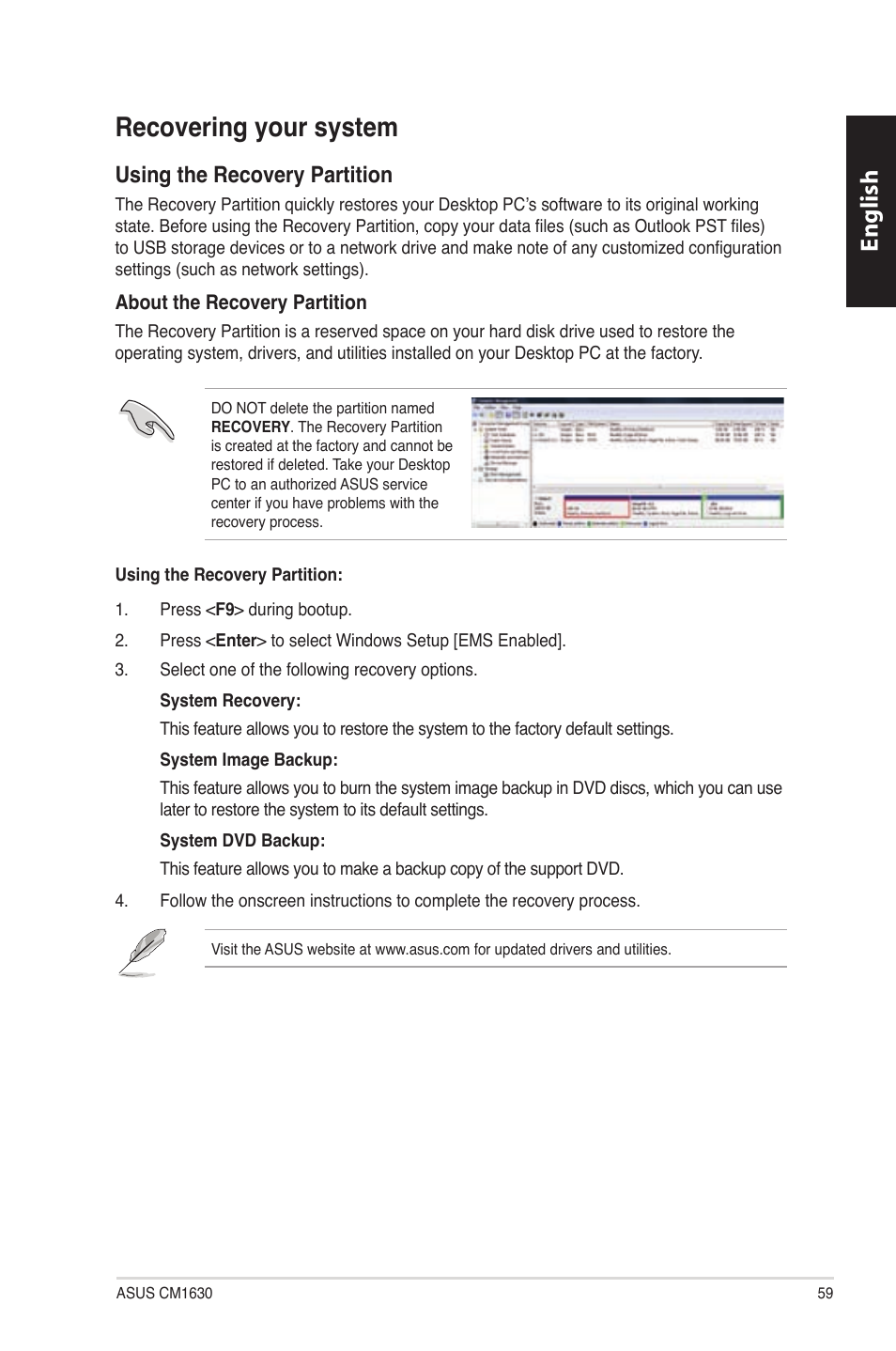 Recovering your system, English, Using the recovery partition | Asus CM1630 User Manual | Page 59 / 340