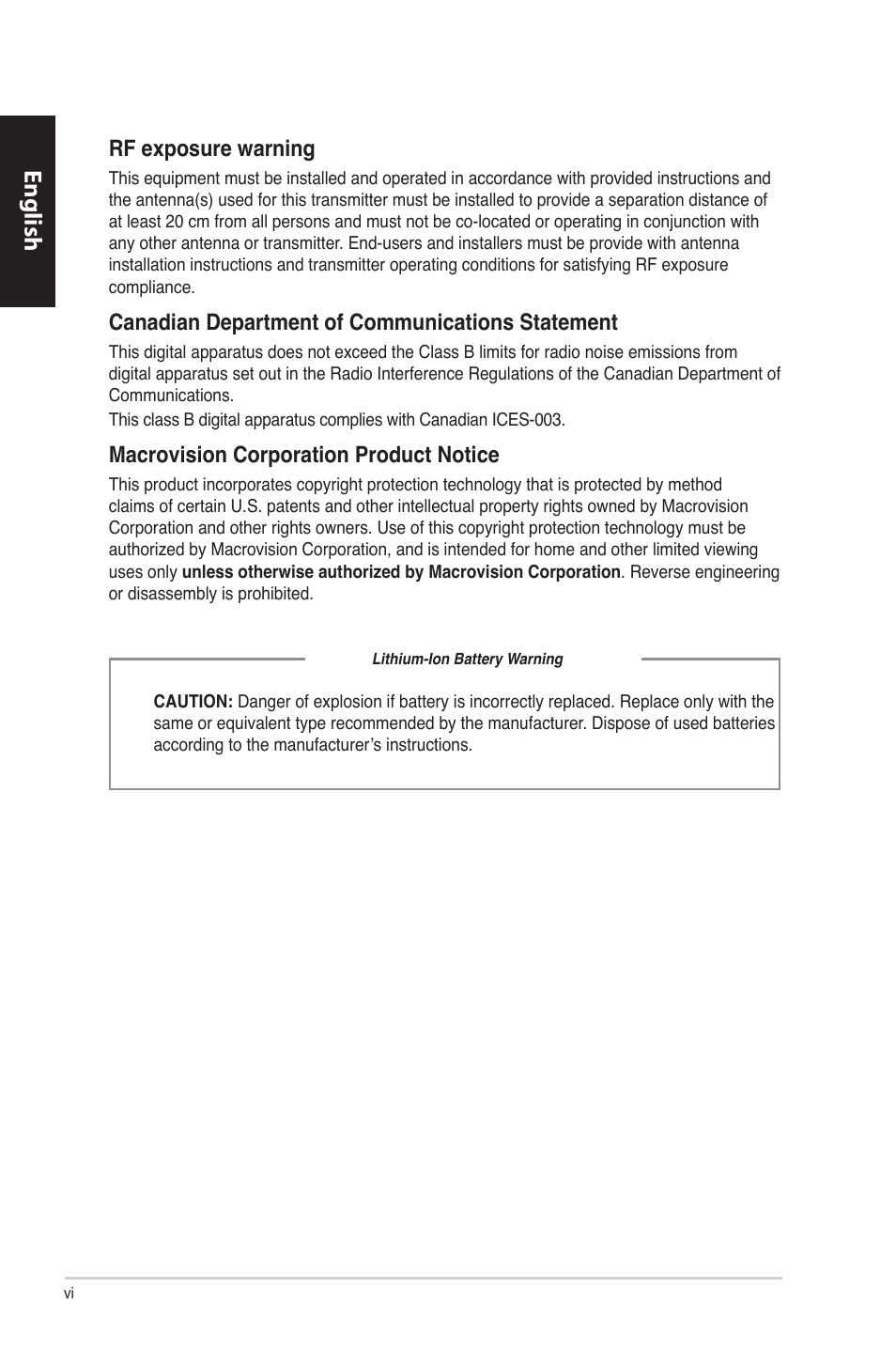 English, Rf exposure warning, Canadian department of communications statement | Macrovision corporation product notice | Asus CM1630 User Manual | Page 6 / 340