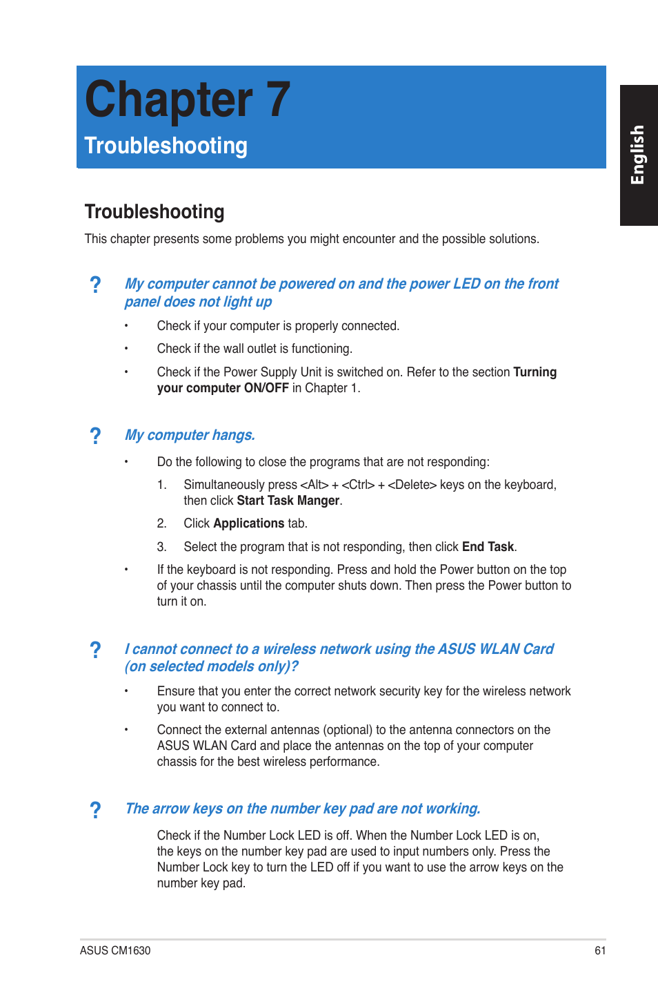 Chapter 7, Troubleshooting, Chapter 7: troubleshooting | English | Asus CM1630 User Manual | Page 61 / 340