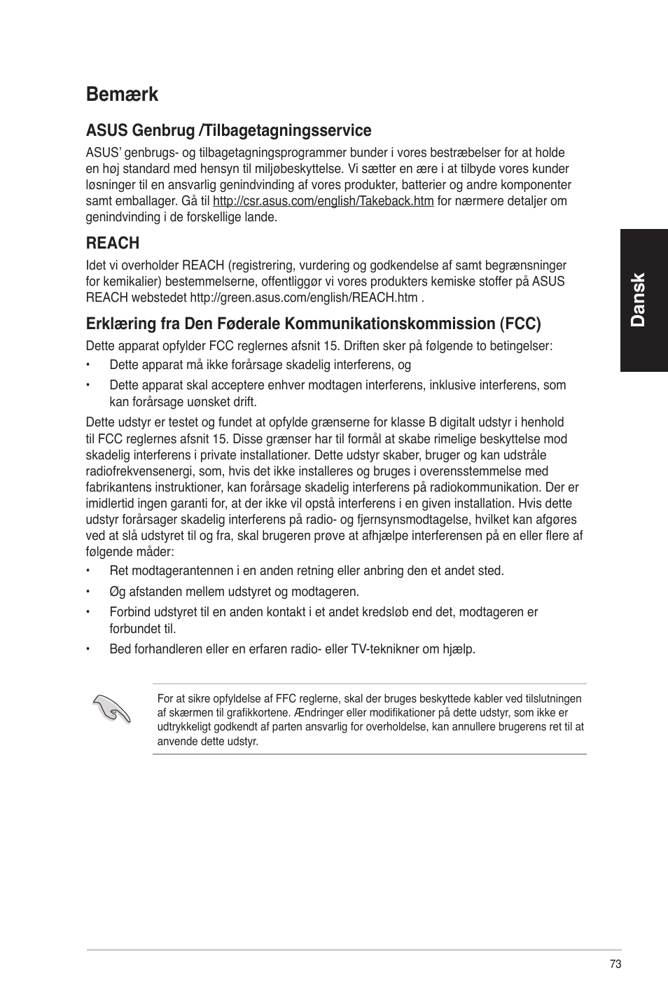 Bemærk, Dansk, Asus genbrug /tilbagetagningsservice | Reach | Asus CM1630 User Manual | Page 73 / 340