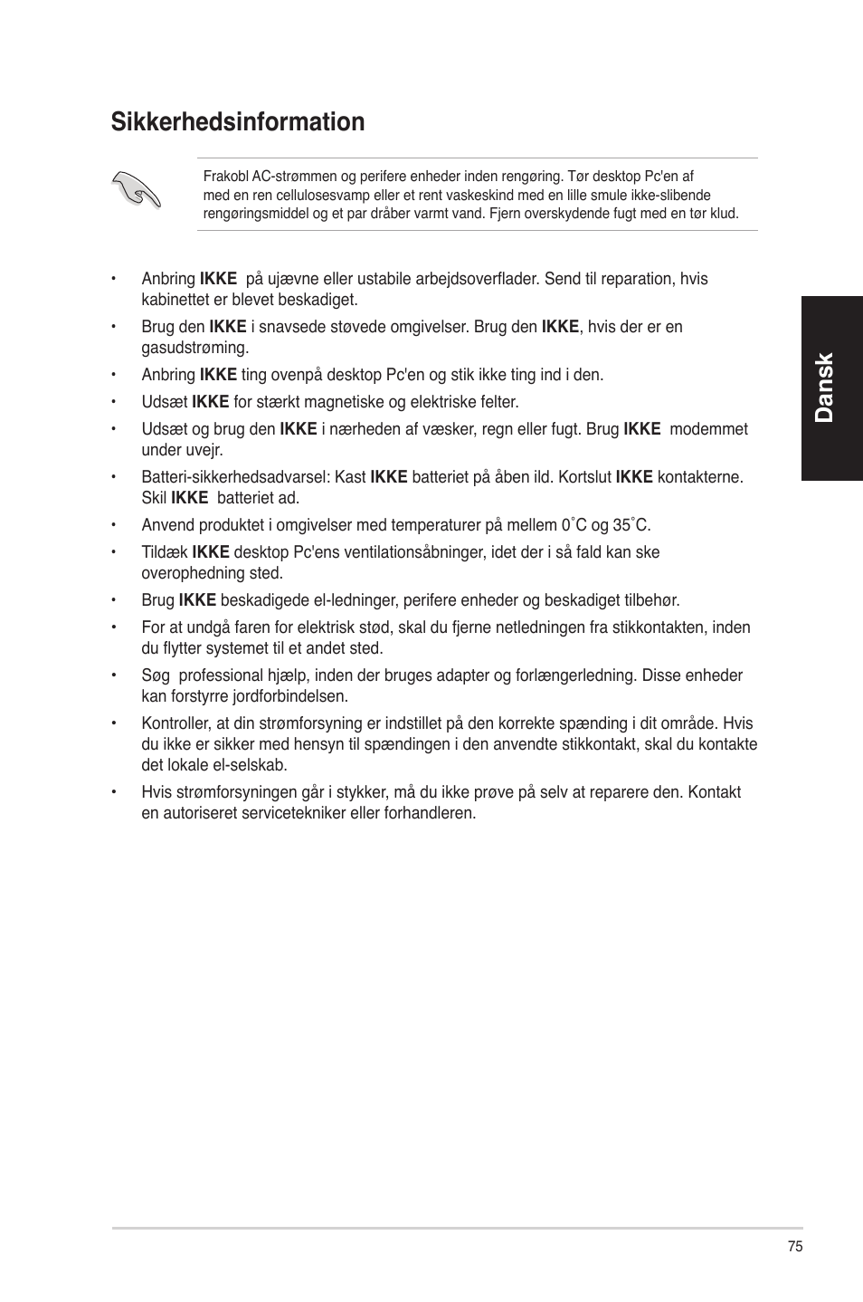 Sikkerhedsinformation, Dansk | Asus CM1630 User Manual | Page 75 / 340