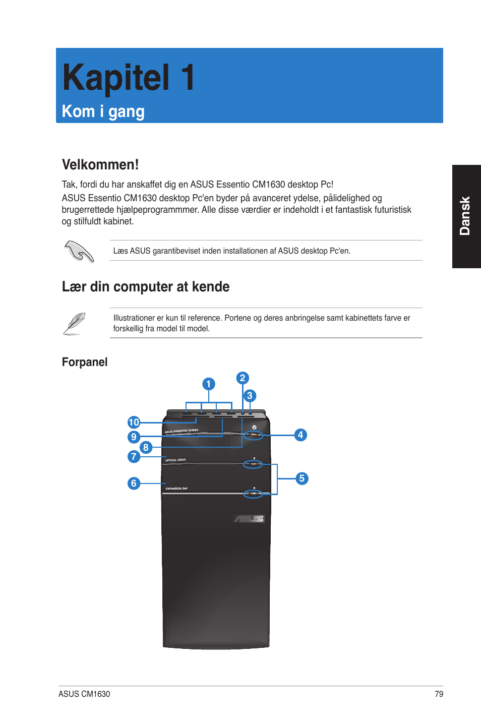 Kapitel 1, Kom i gang, Velkommen | Lær din computer at kende, Kapitel 1: kom i gang, Velkommen! lær din computer at kende, Dansk | Asus CM1630 User Manual | Page 79 / 340