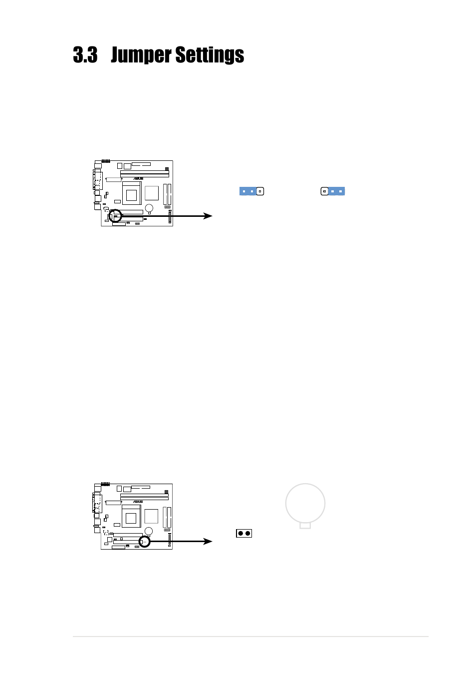 3 jumper settings, Asus terminator barebone system 33 | Asus Terminator P-III User Manual | Page 33 / 34