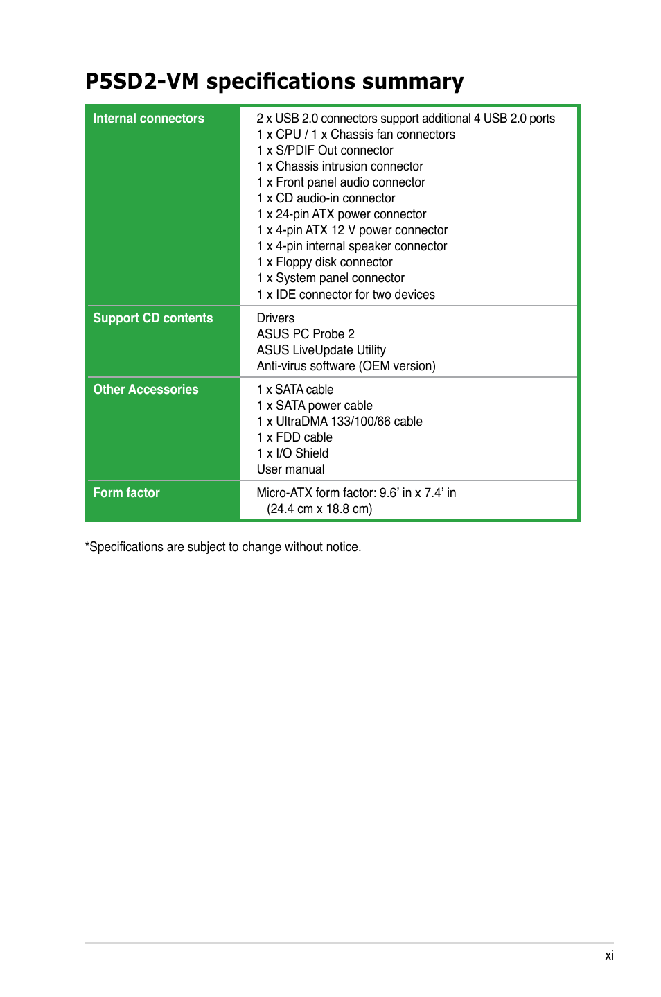 P5sd2-vm specifications summary | Asus P5SD2-VM User Manual | Page 11 / 88