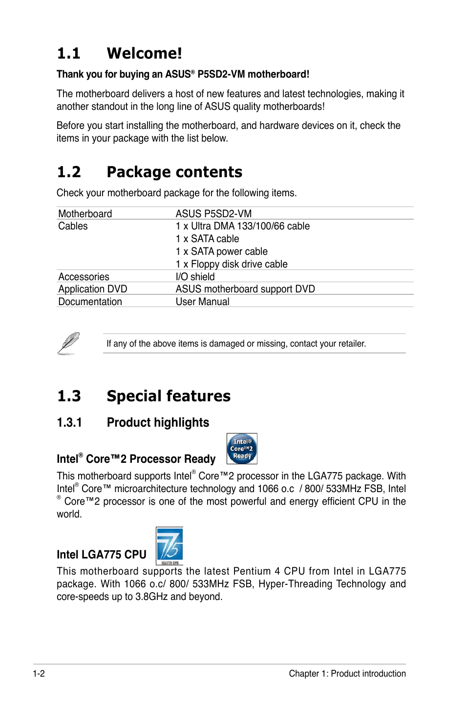 1 welcome, 2 package contents, 3 special features | 1 product highlights | Asus P5SD2-VM User Manual | Page 14 / 88