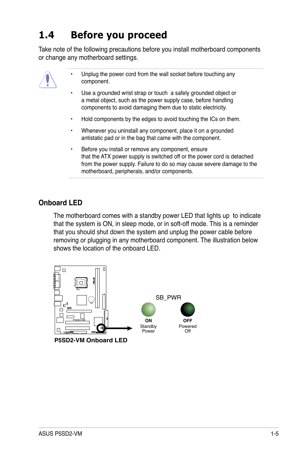 4 before you proceed, Onboard led | Asus P5SD2-VM User Manual | Page 17 / 88