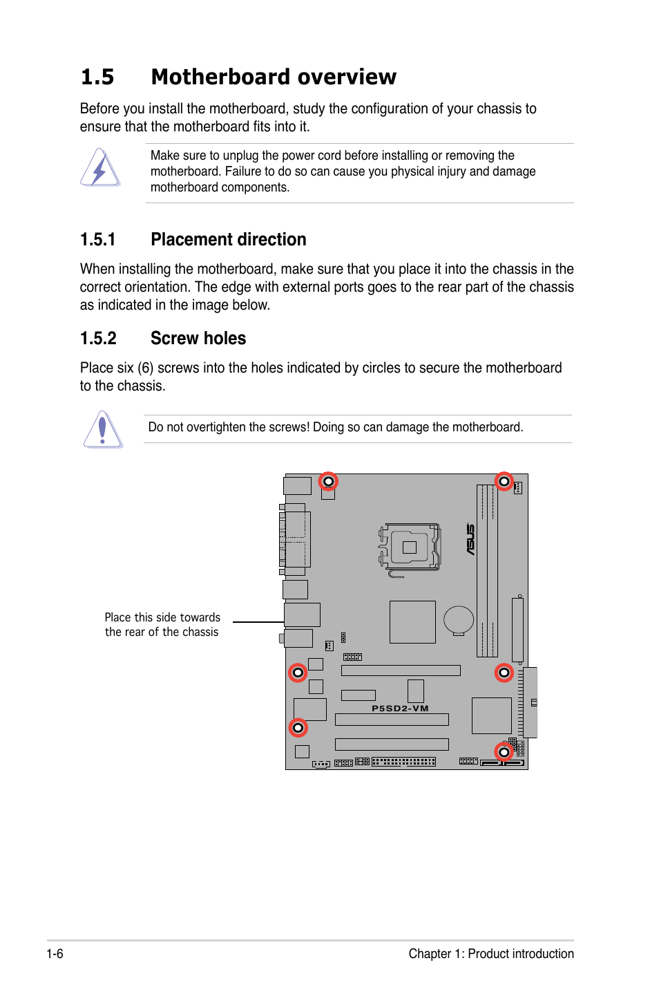 5 motherboard overview, 1 placement direction, 2 screw holes | Asus P5SD2-VM User Manual | Page 18 / 88