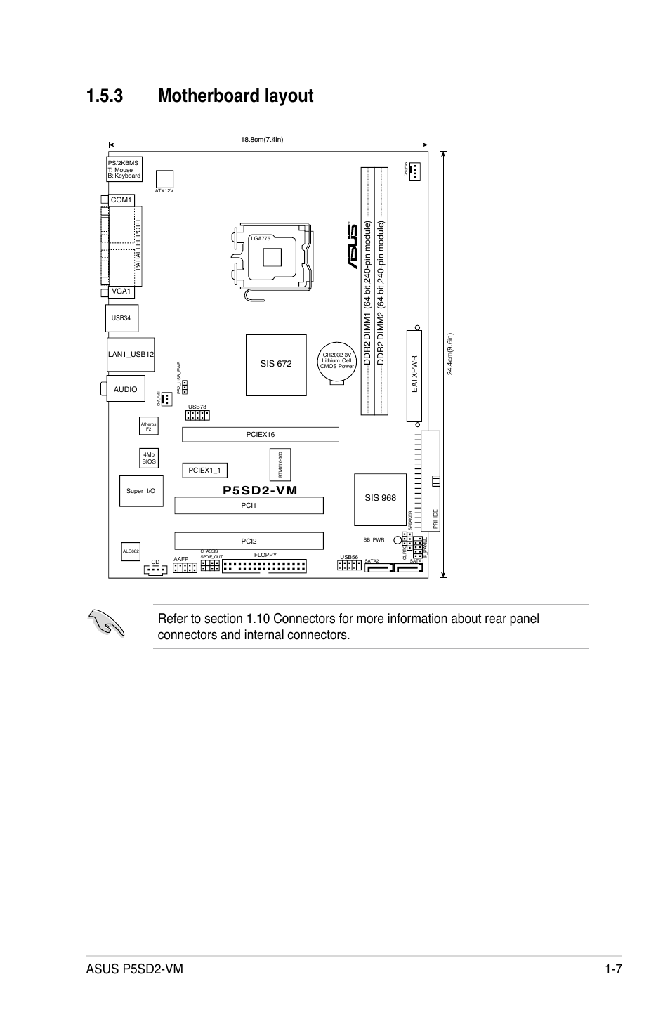 3 motherboard layout, Asus p5sd2-vm 1-7, P5sd2-vm | Asus P5SD2-VM User Manual | Page 19 / 88