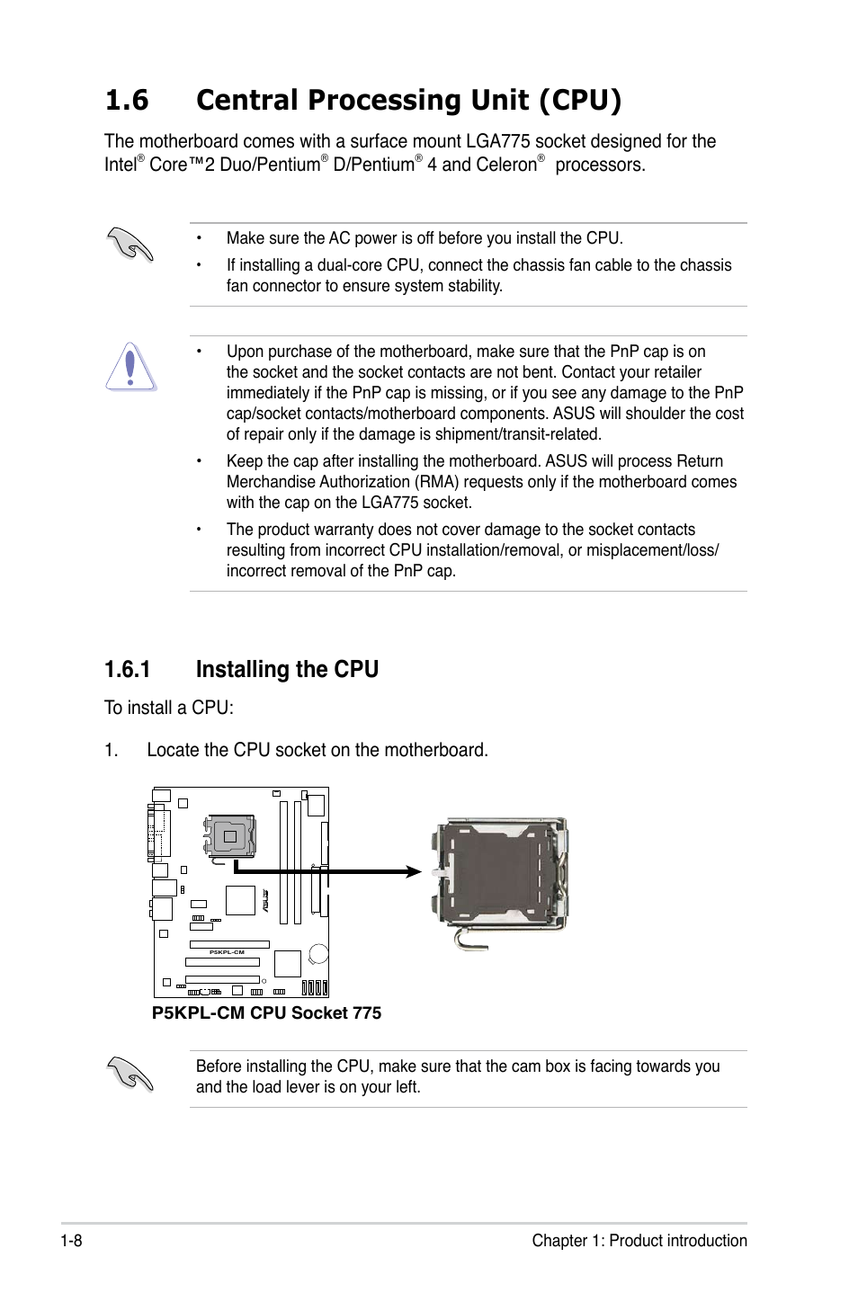 6 central processing unit (cpu), 1 installing the cpu | Asus P5SD2-VM User Manual | Page 20 / 88