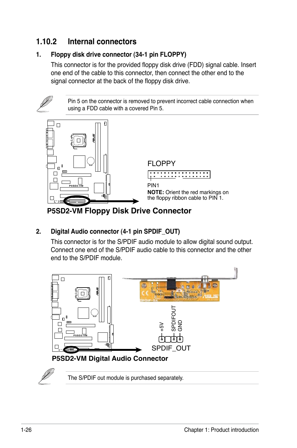 2 internal connectors, Floppy disk drive connector, P5sd2-vm | Floppy | Asus P5SD2-VM User Manual | Page 38 / 88