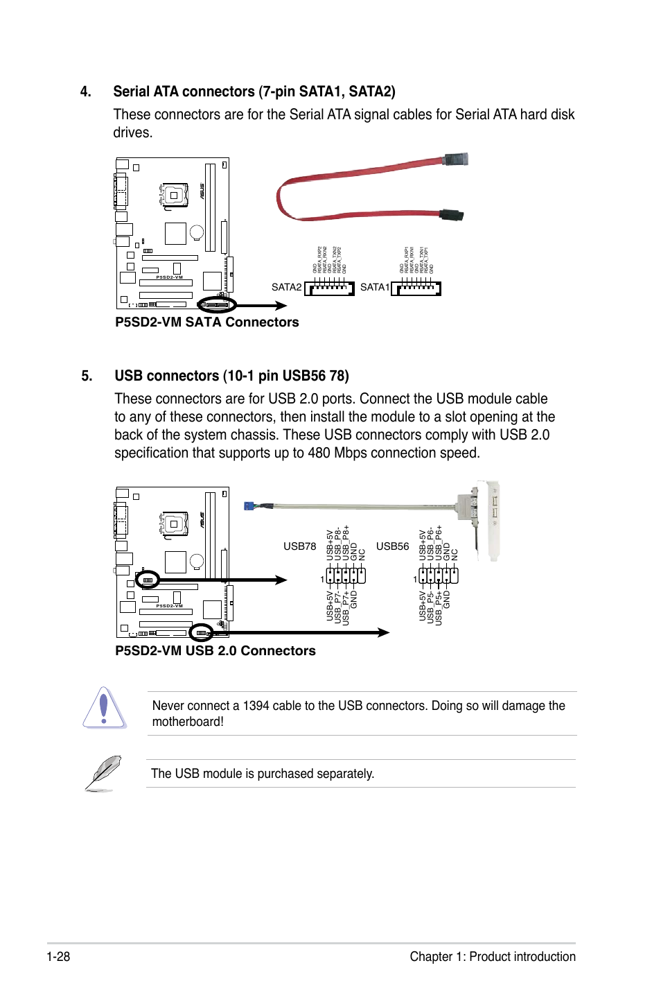 28 chapter 1: product introduction, P5sd2-vm sata connectors, The usb module is purchased separately | Usb78, Usb56, Sata1, Sata2 | Asus P5SD2-VM User Manual | Page 40 / 88