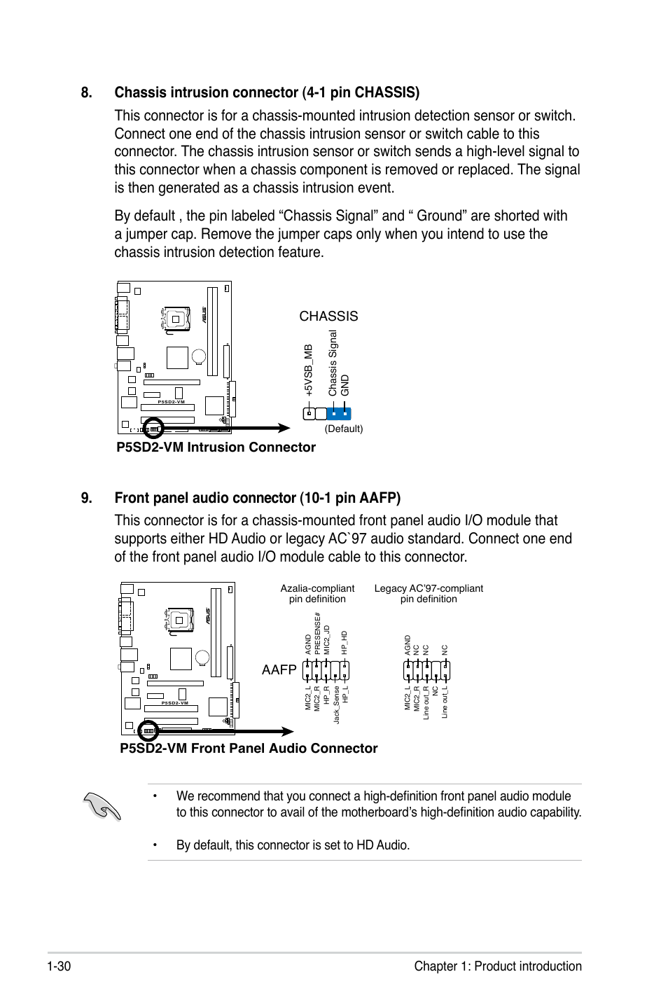 30 chapter 1: product introduction, Chassis, P5sd2-vm front panel audio connector | Aafp | Asus P5SD2-VM User Manual | Page 42 / 88