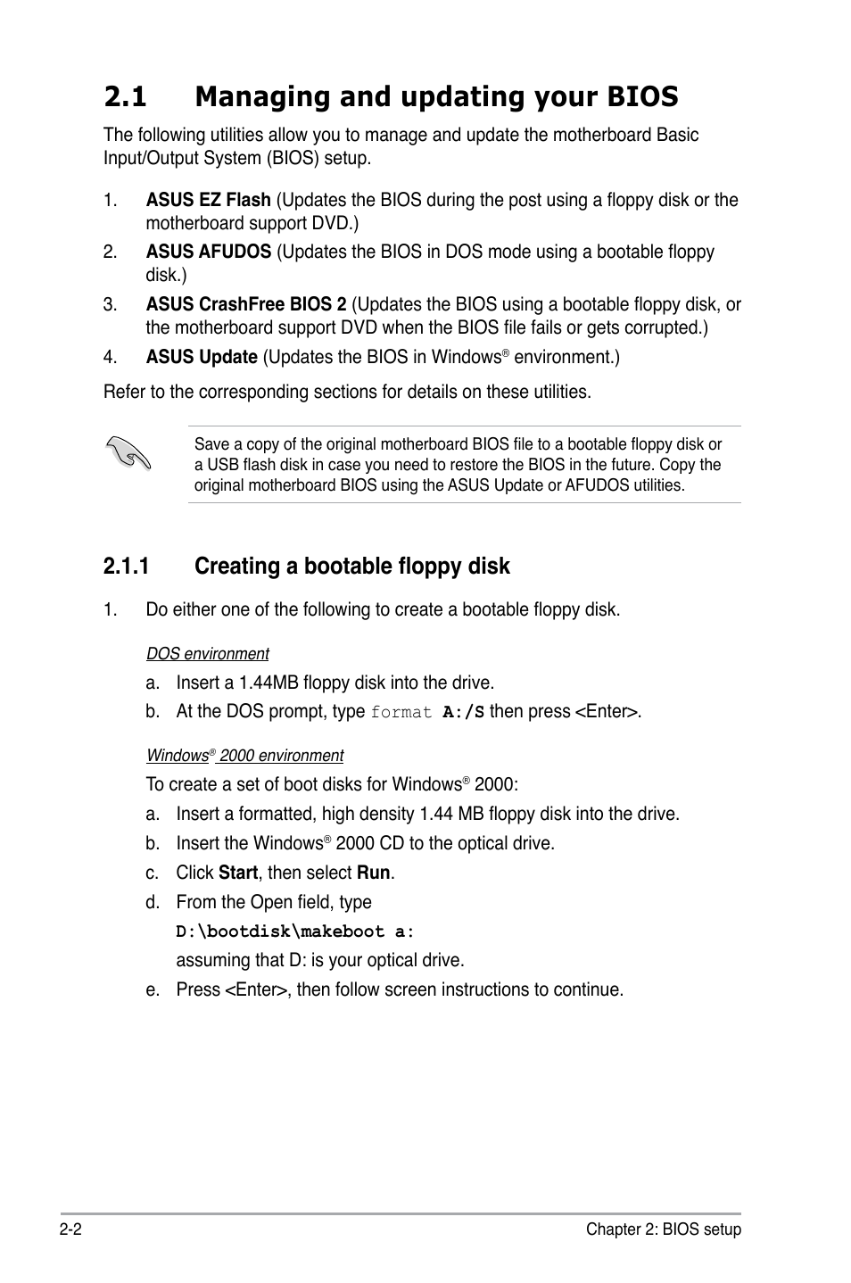 1 managing and updating your bios, 1 creating a bootable floppy disk | Asus P5SD2-VM User Manual | Page 46 / 88