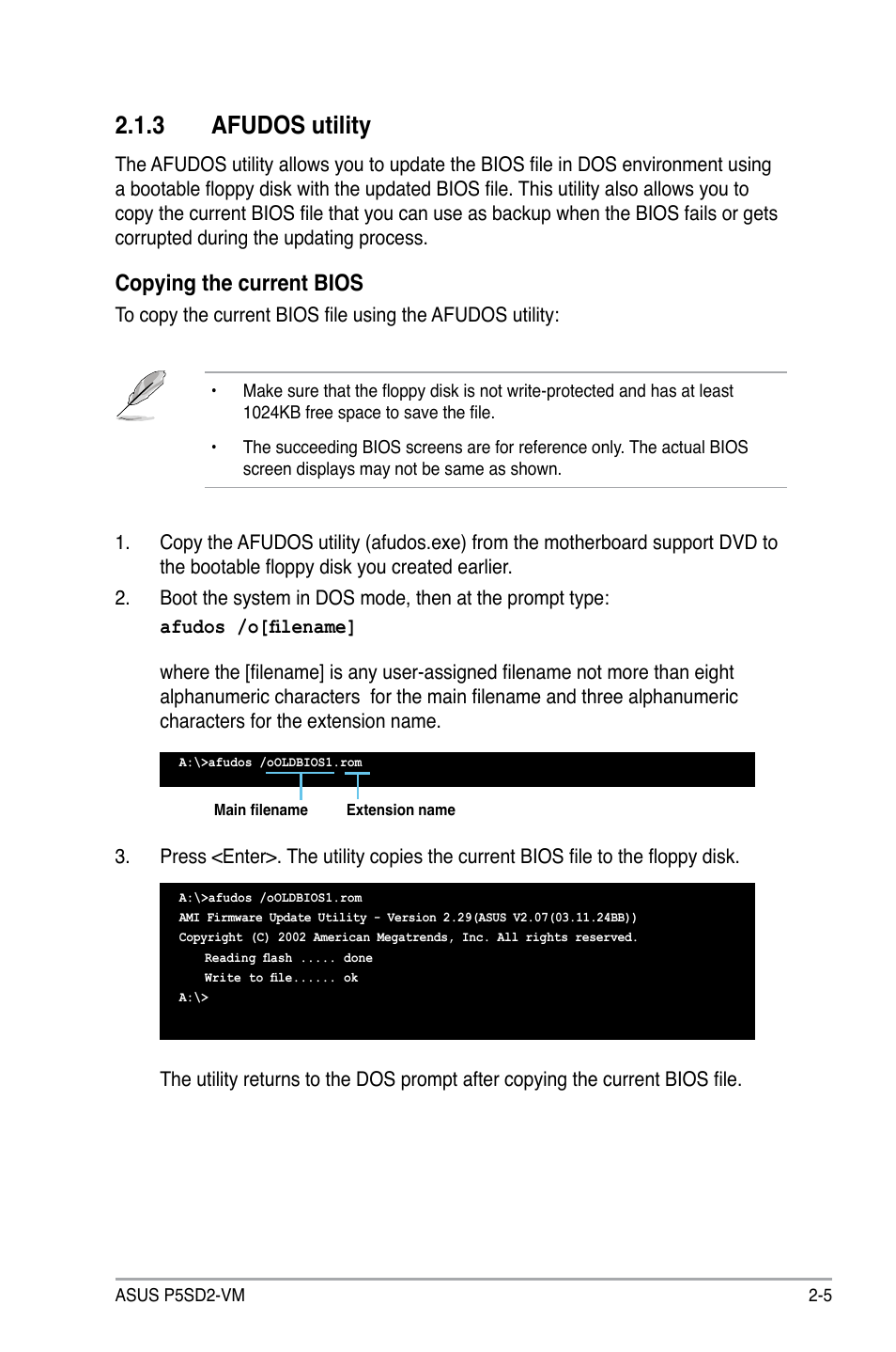 3 afudos utility, Copying the current bios | Asus P5SD2-VM User Manual | Page 49 / 88