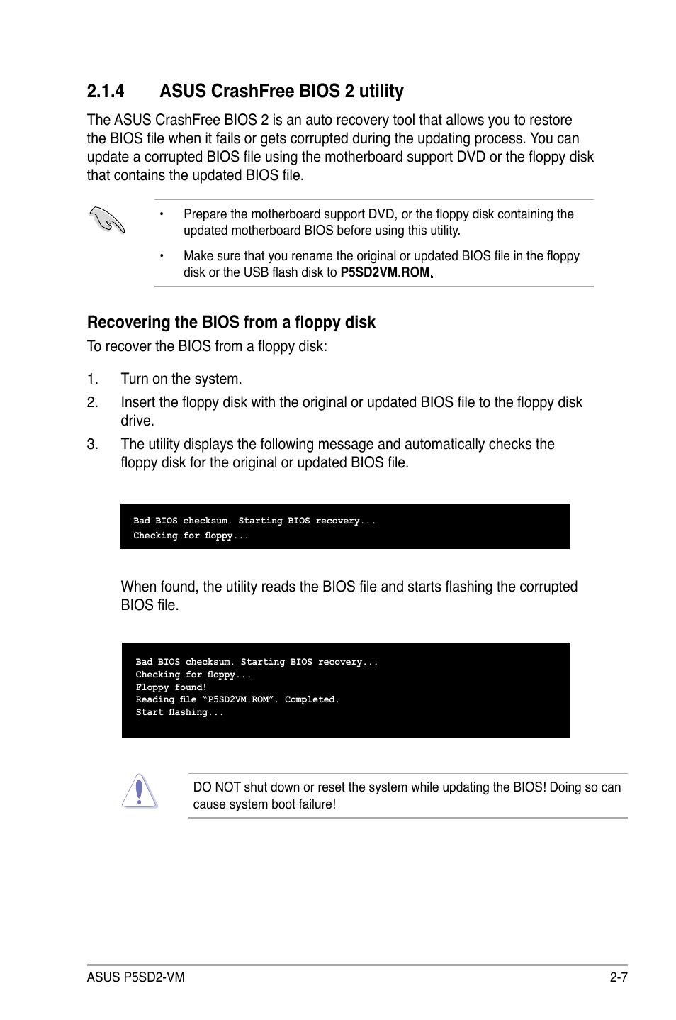 4 asus crashfree bios 2 utility, Recovering the bios from a floppy disk | Asus P5SD2-VM User Manual | Page 51 / 88