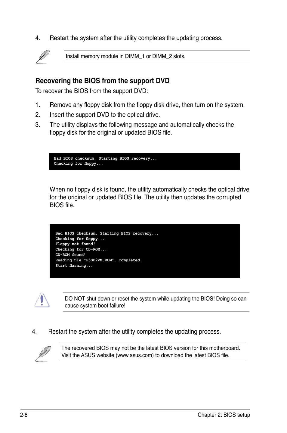 Recovering the bios from the support dvd | Asus P5SD2-VM User Manual | Page 52 / 88