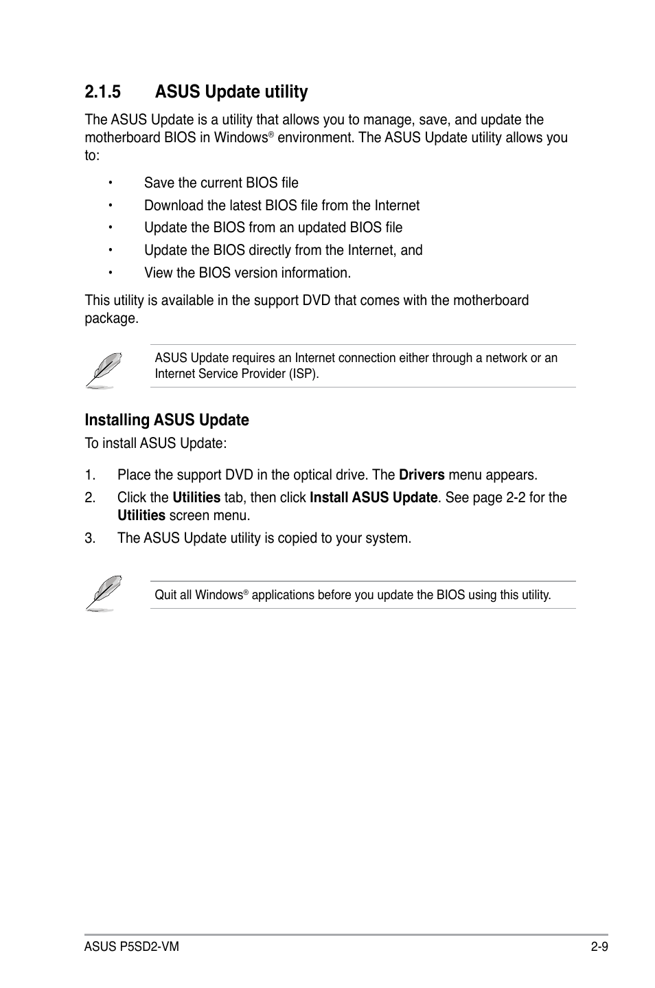 5 asus update utility, Installing asus update | Asus P5SD2-VM User Manual | Page 53 / 88