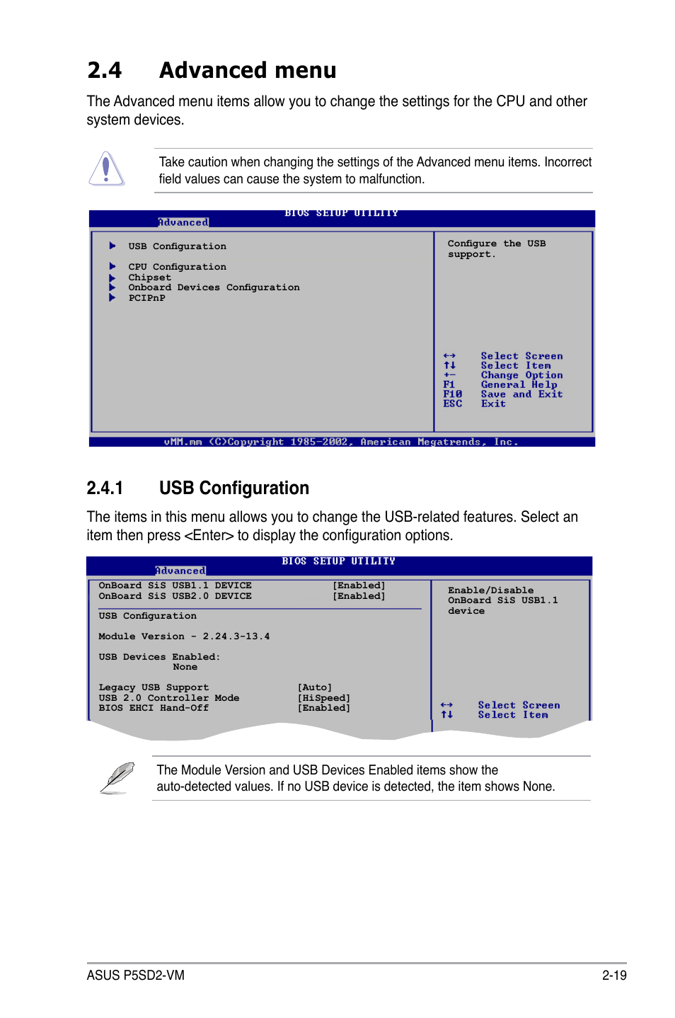 4 advanced menu, 1 usb configuration | Asus P5SD2-VM User Manual | Page 63 / 88