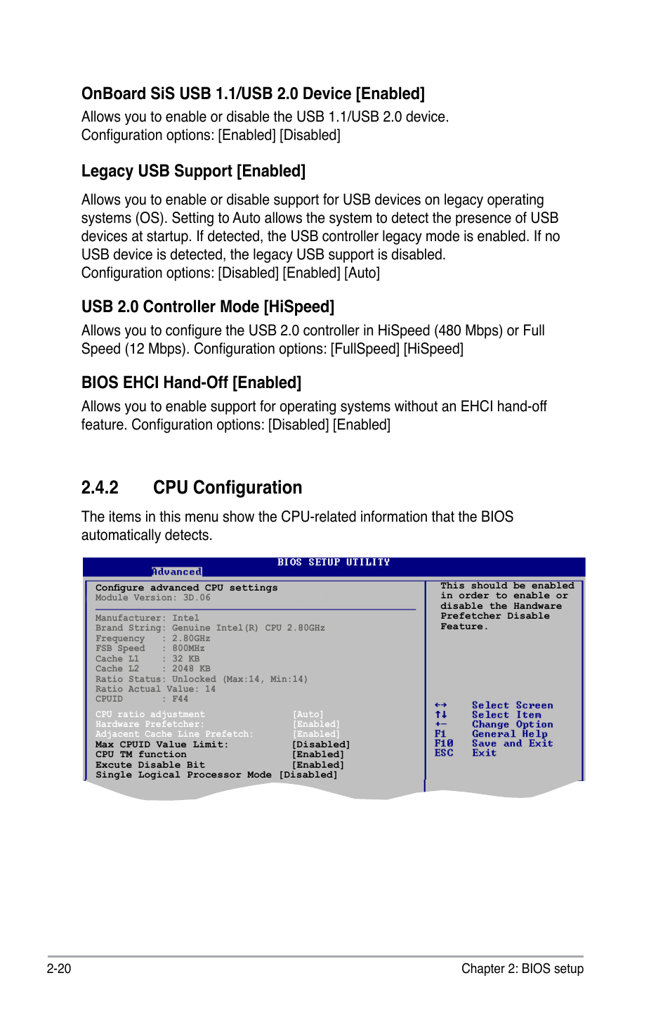 2 cpu configuration, Onboard sis usb 1.1/usb 2.0 device [enabled, Legacy usb support [enabled | Usb 2.0 controller mode [hispeed, Bios ehci hand-off [enabled | Asus P5SD2-VM User Manual | Page 64 / 88