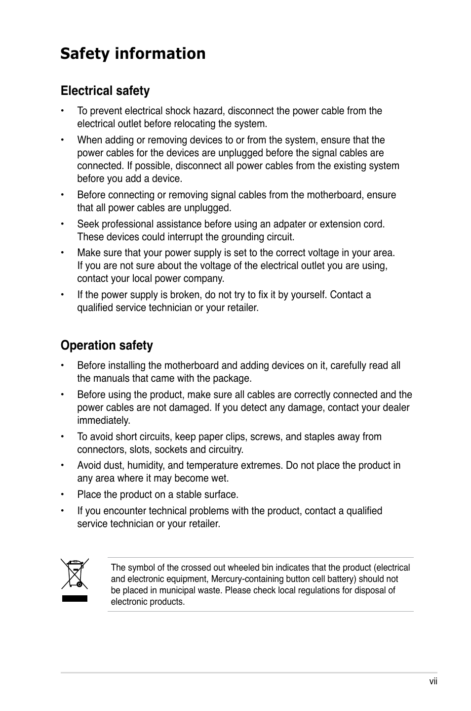 Safety information, Electrical safety, Operation safety | Asus P5SD2-VM User Manual | Page 7 / 88