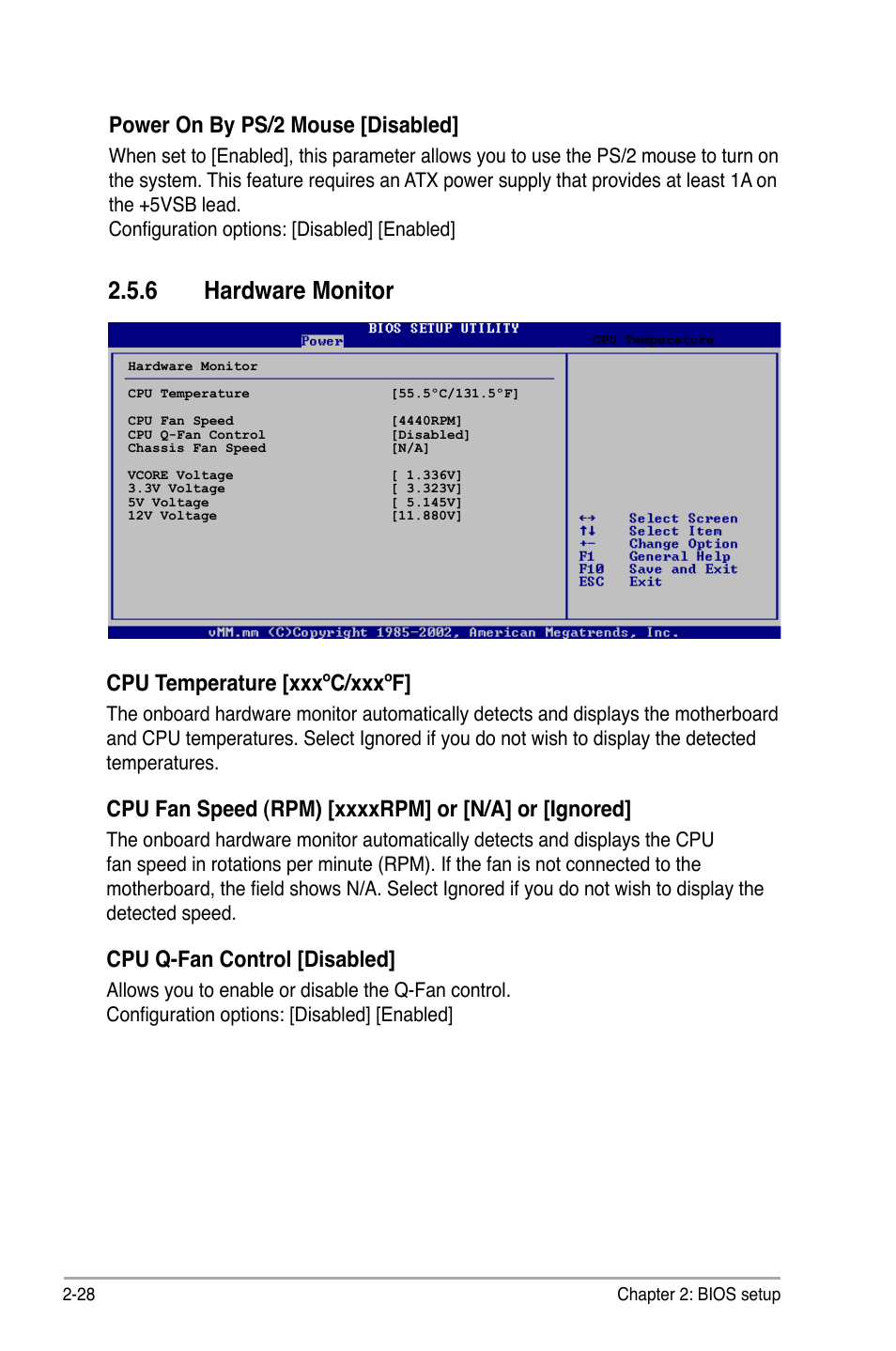 6 hardware monitor, Power on by ps/2 mouse [disabled, Cpu temperature [xxxºc/xxxºf | Cpu q-fan control [disabled | Asus P5SD2-VM User Manual | Page 72 / 88