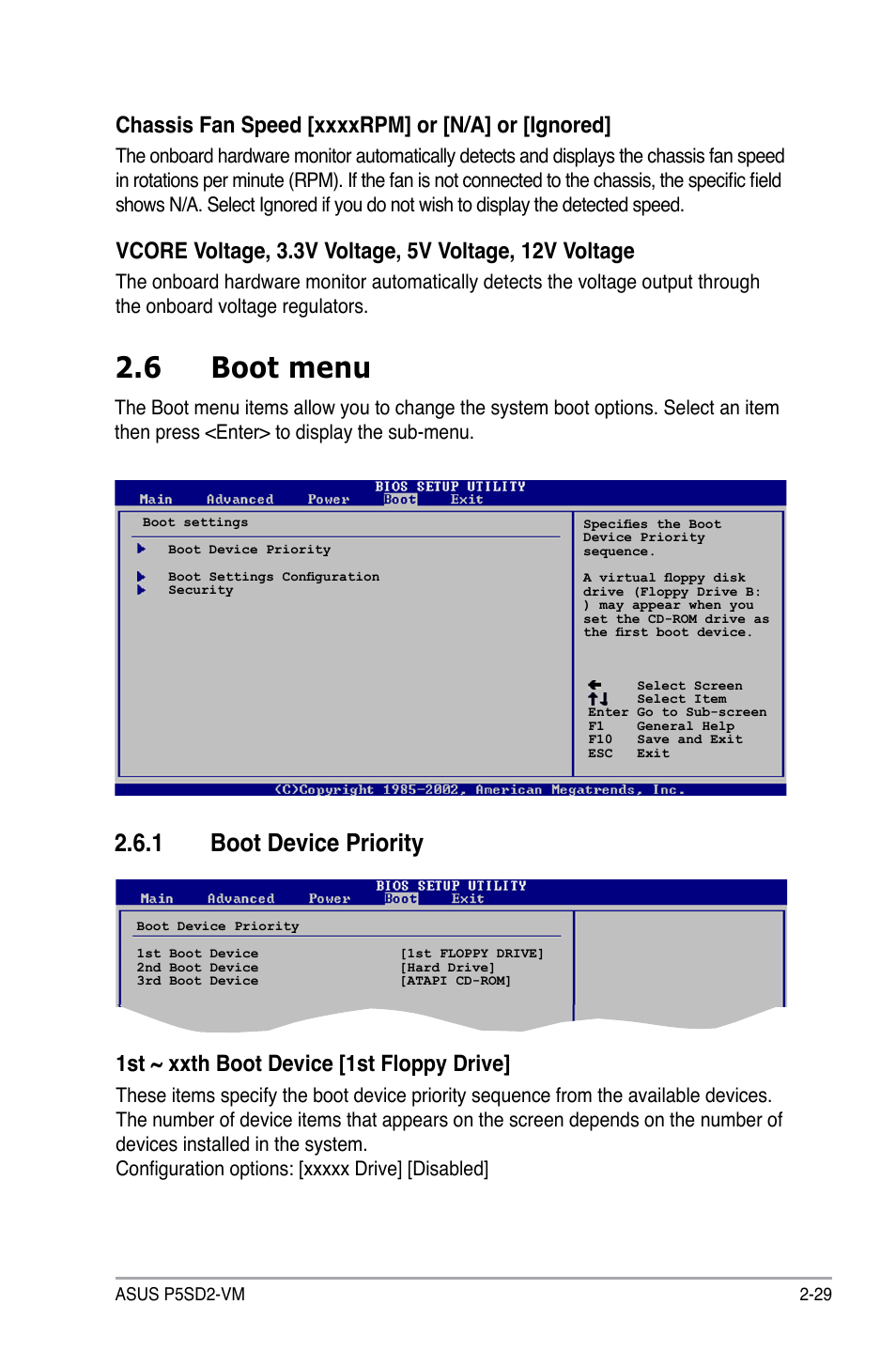 6 boot menu, 1 boot device priority, 1st ~ xxth boot device [1st floppy drive | Asus P5SD2-VM User Manual | Page 73 / 88