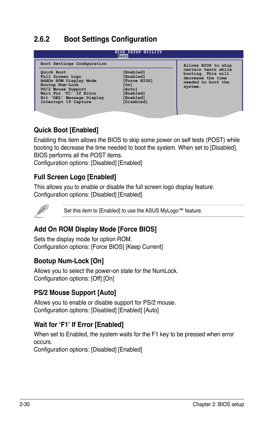 2 boot settings configuration, Quick boot [enabled, Full screen logo [enabled | Add on rom display mode [force bios, Bootup num-lock [on, Ps/2 mouse support [auto, Wait for ‘f1’ if error [enabled | Asus P5SD2-VM User Manual | Page 74 / 88