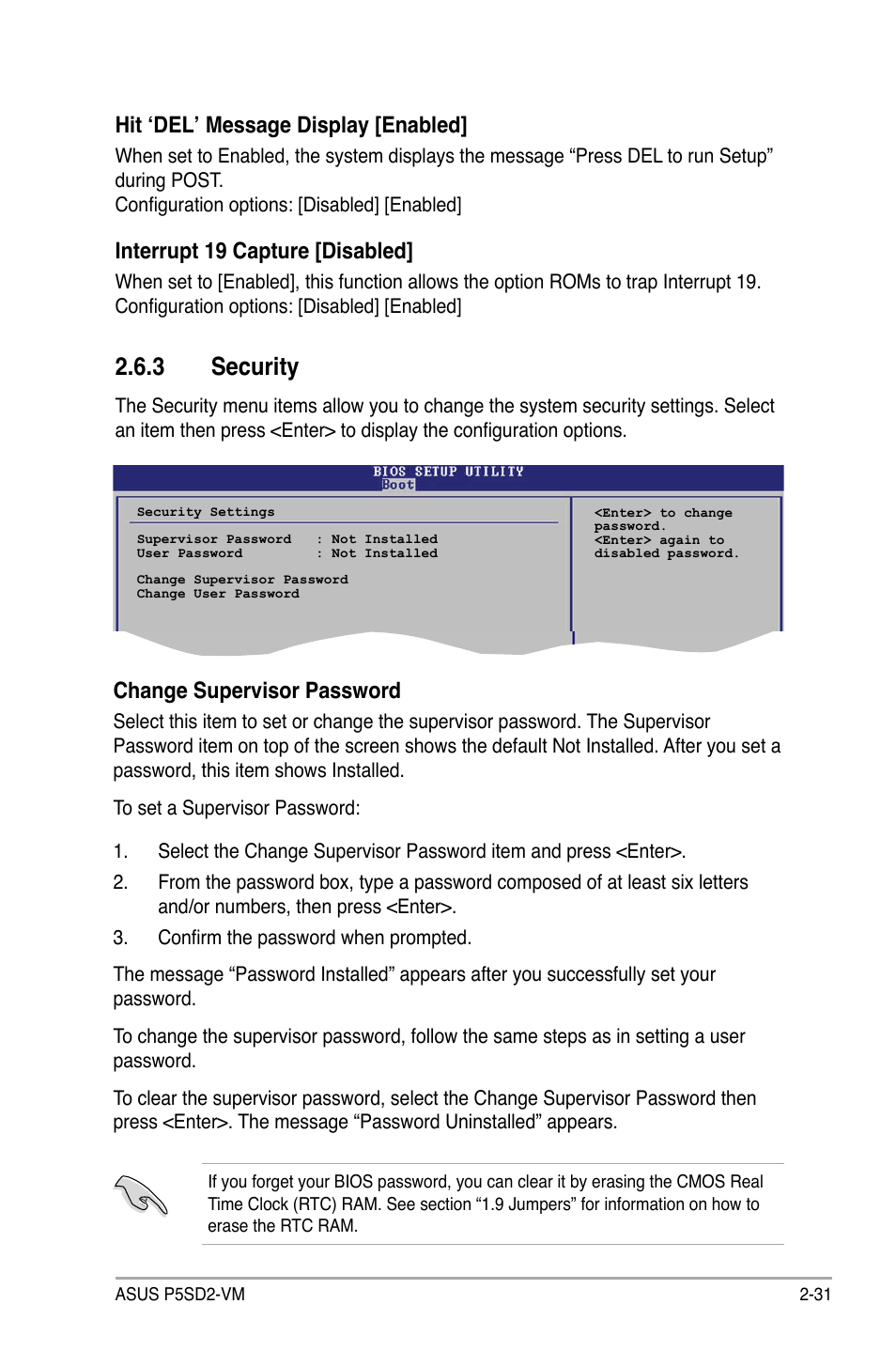 3 security, Hit ‘del’ message display [enabled, Interrupt 19 capture [disabled | Change supervisor password | Asus P5SD2-VM User Manual | Page 75 / 88