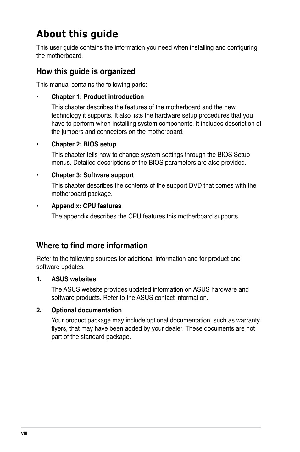 About this guide, How this guide is organized, Where to find more information | Asus P5SD2-VM User Manual | Page 8 / 88